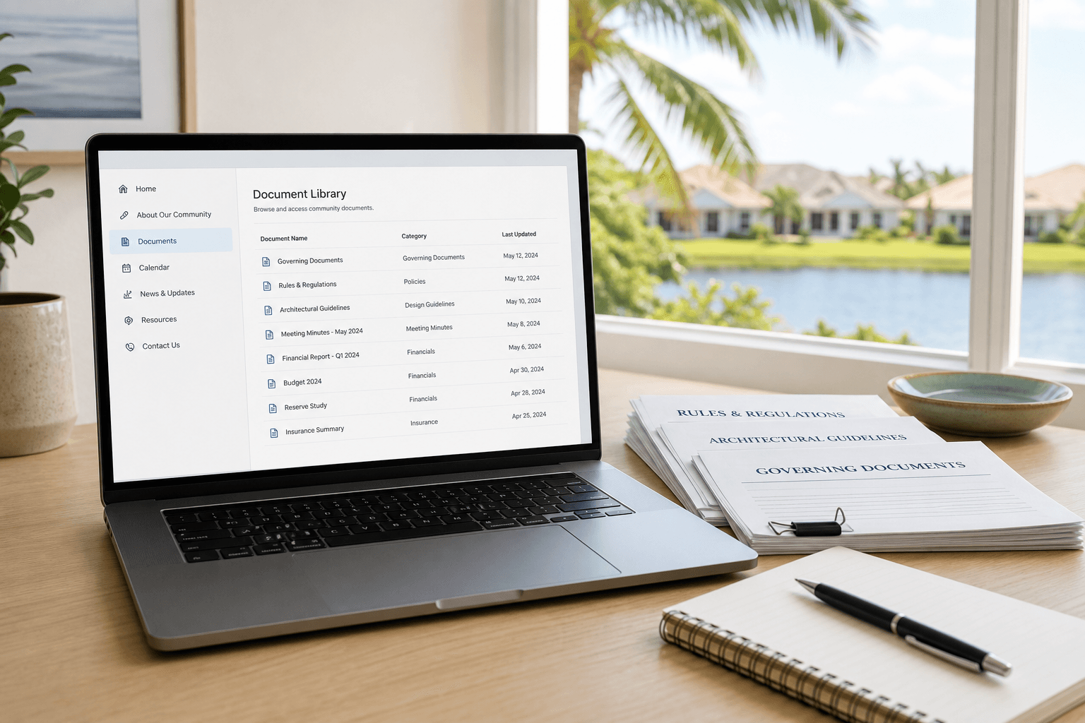 Laptop on a desk showing an HOA document library beside neatly stacked association records