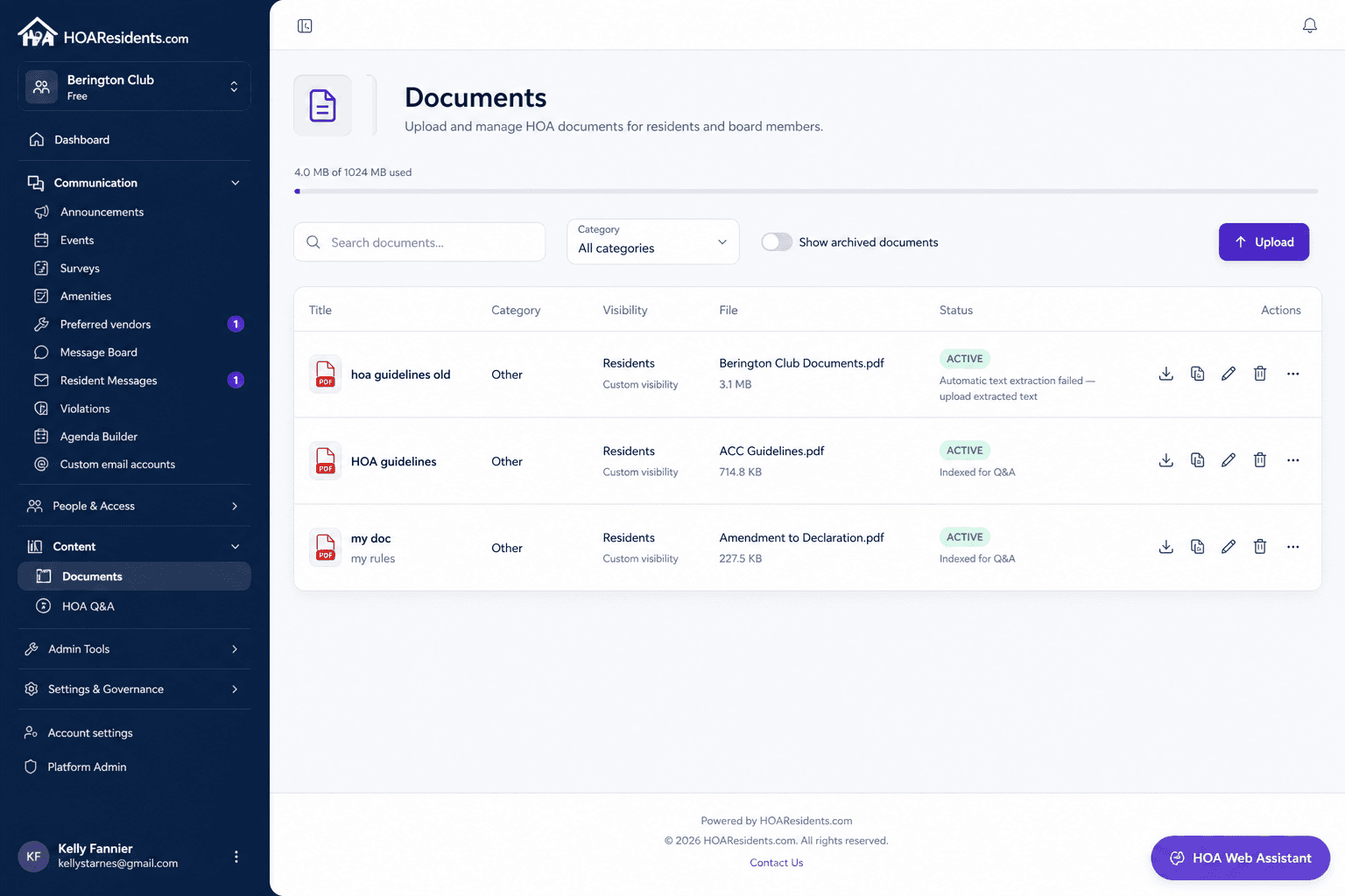 Document management table with visibility and indexing status