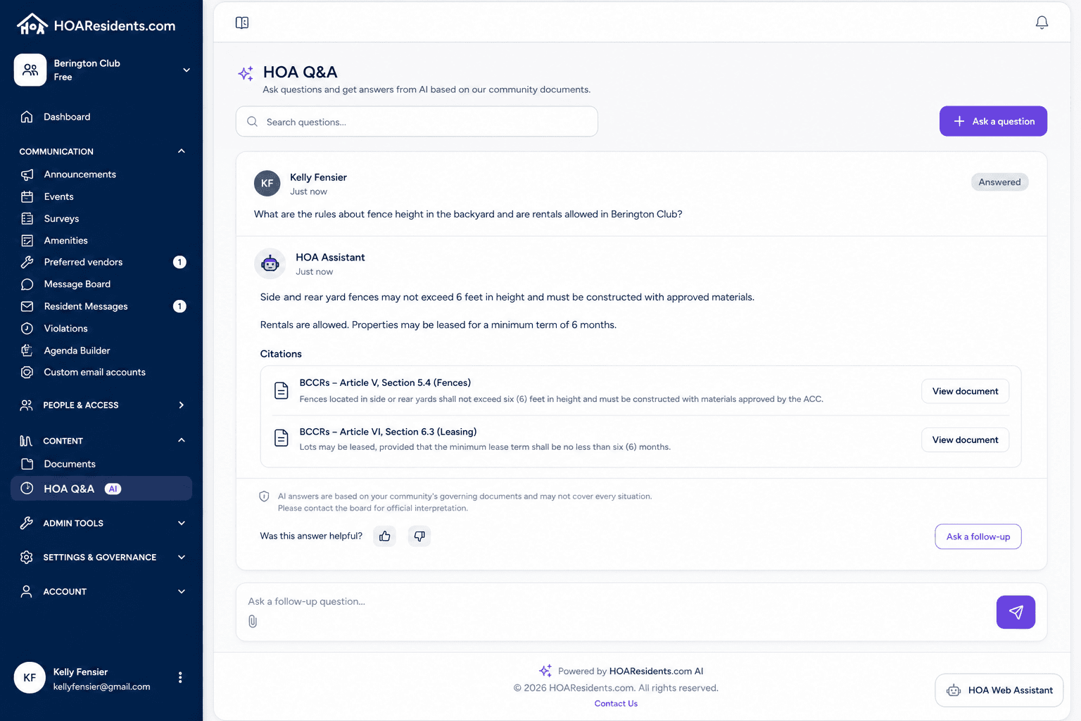 AI document Q&A answer with citations to governing documents