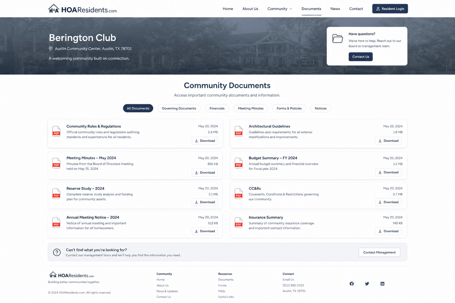 Public HOA website documents section with downloadable PDFs