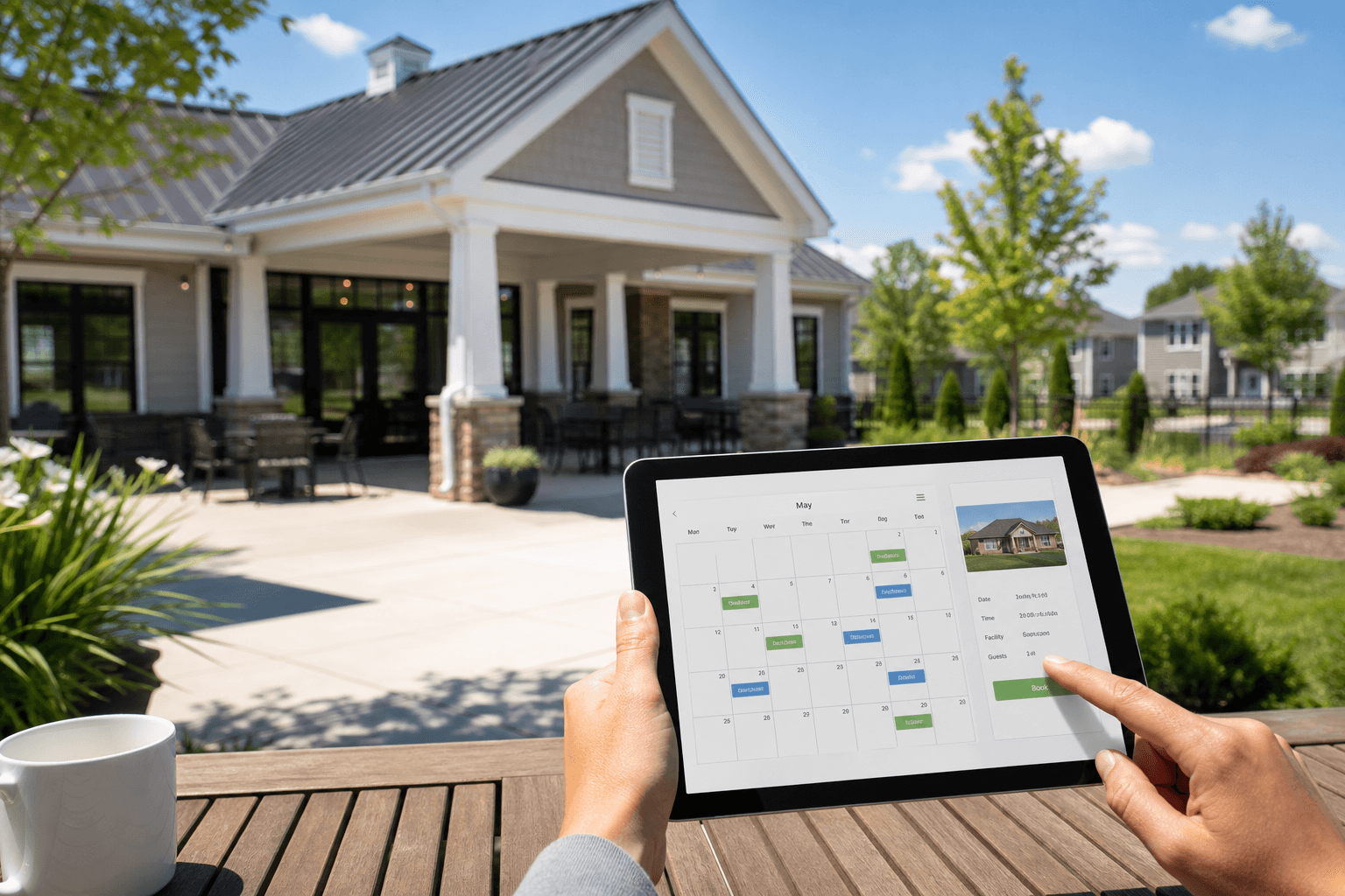 Neighborhood clubhouse with a tablet showing an amenity booking calendar