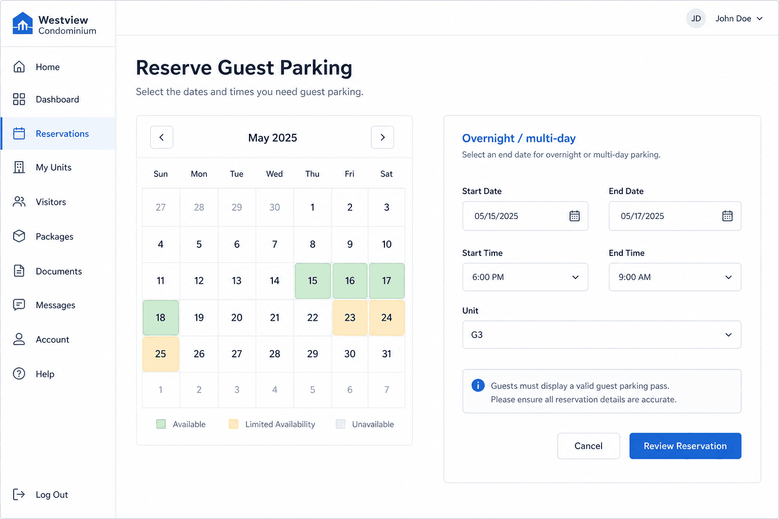 Guest Parking amenity with multi-space units and overnight booking calendar