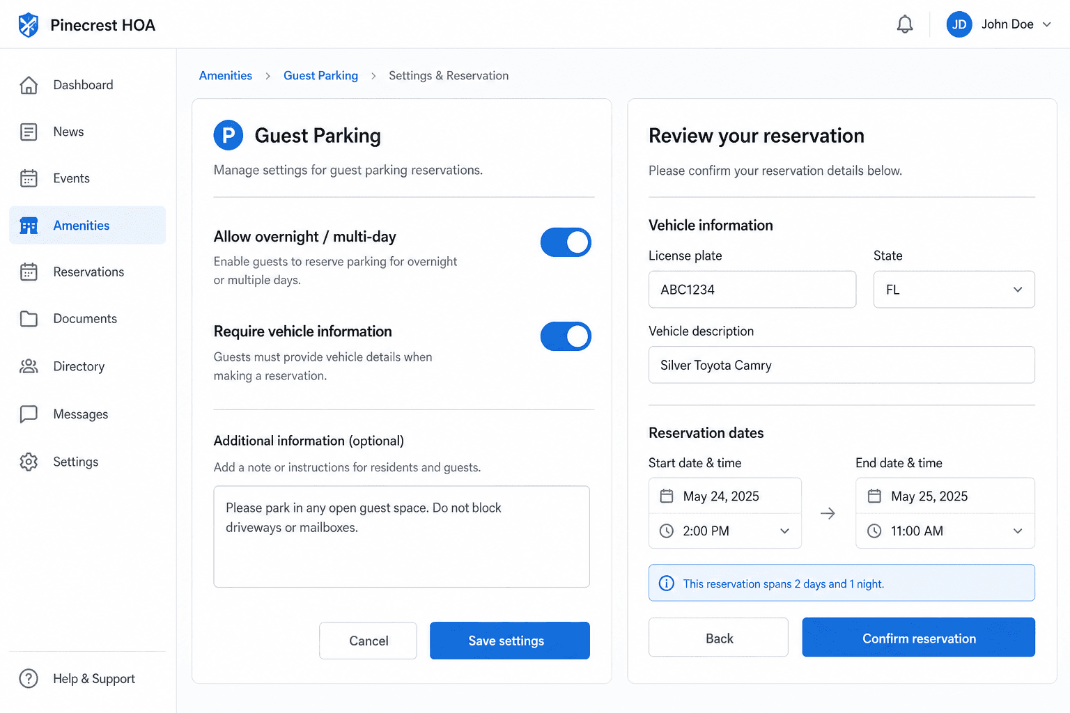 Booking review with vehicle license plate fields and overnight amenity settings