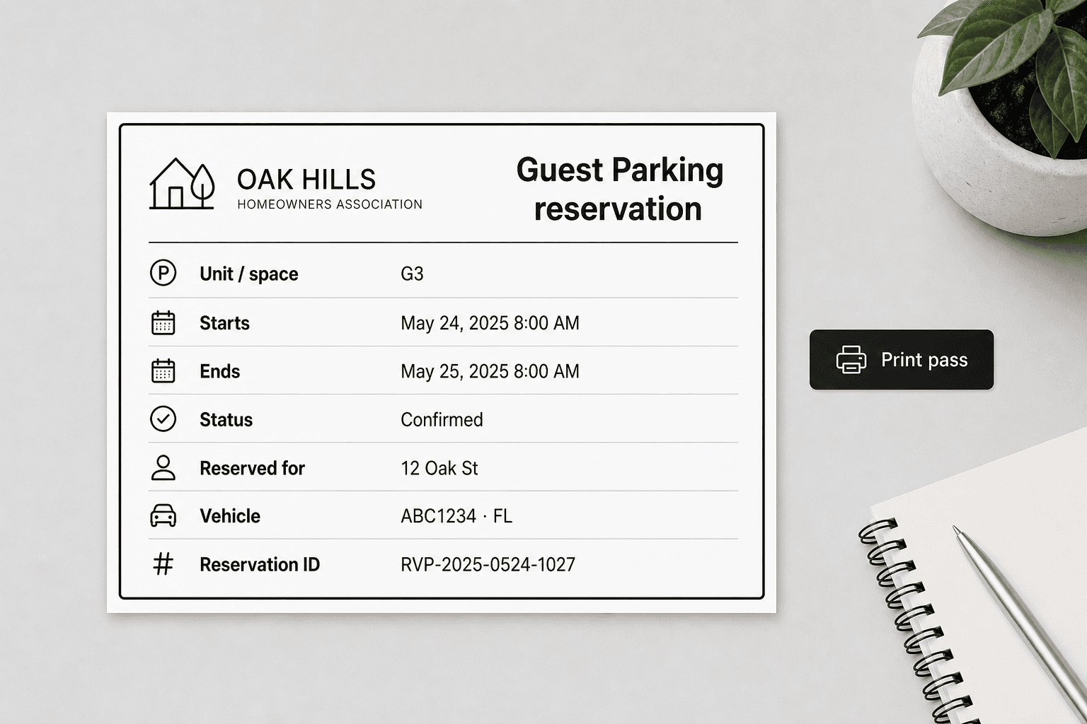 Printable Guest Parking reservation pass showing space G3
