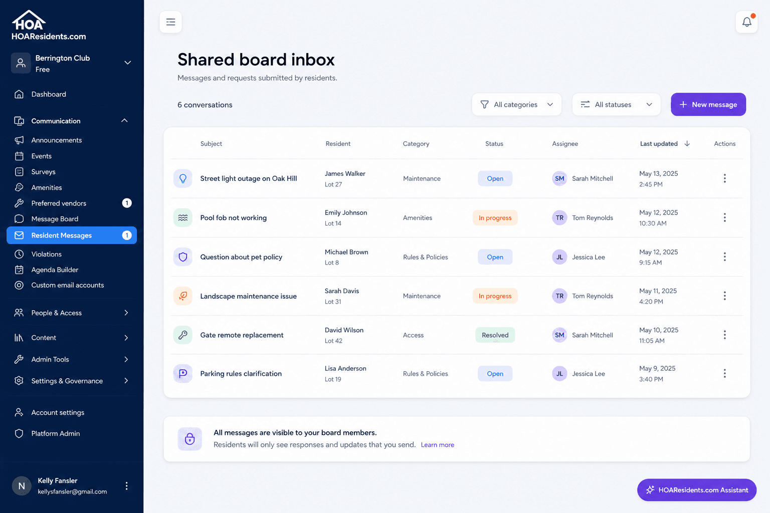 Shared board inbox with resident message threads and status badges