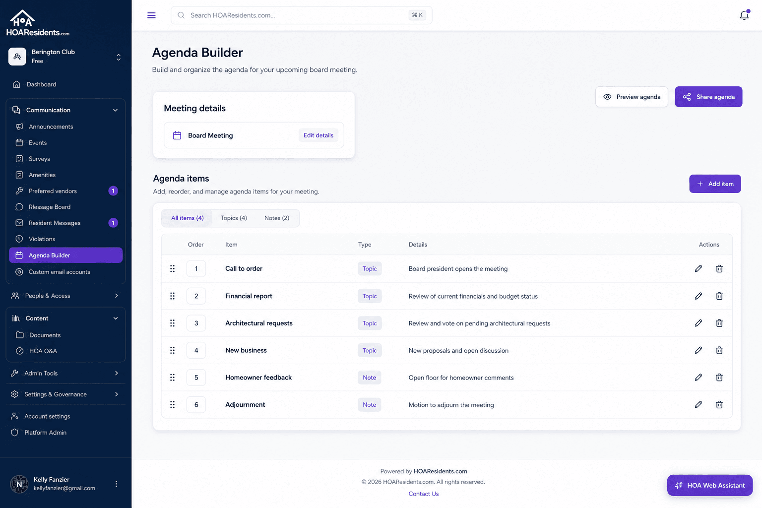 Agenda Builder with meeting topics and notes