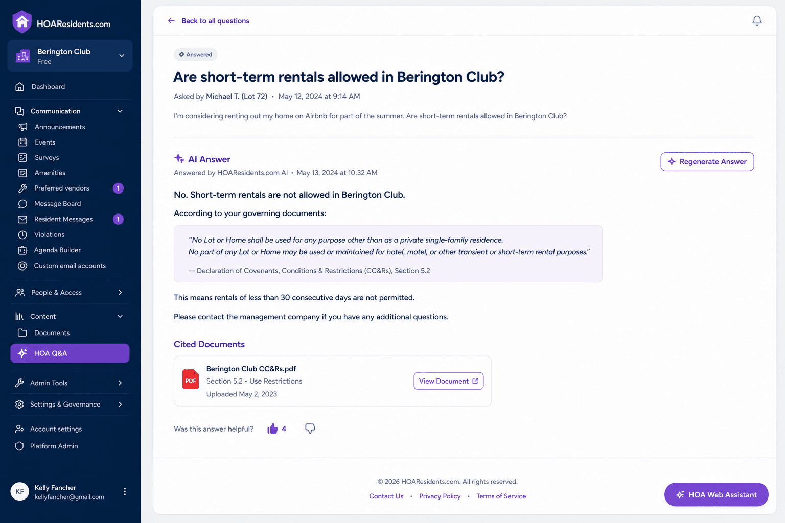 AI document Q&A answer with citations to governing documents