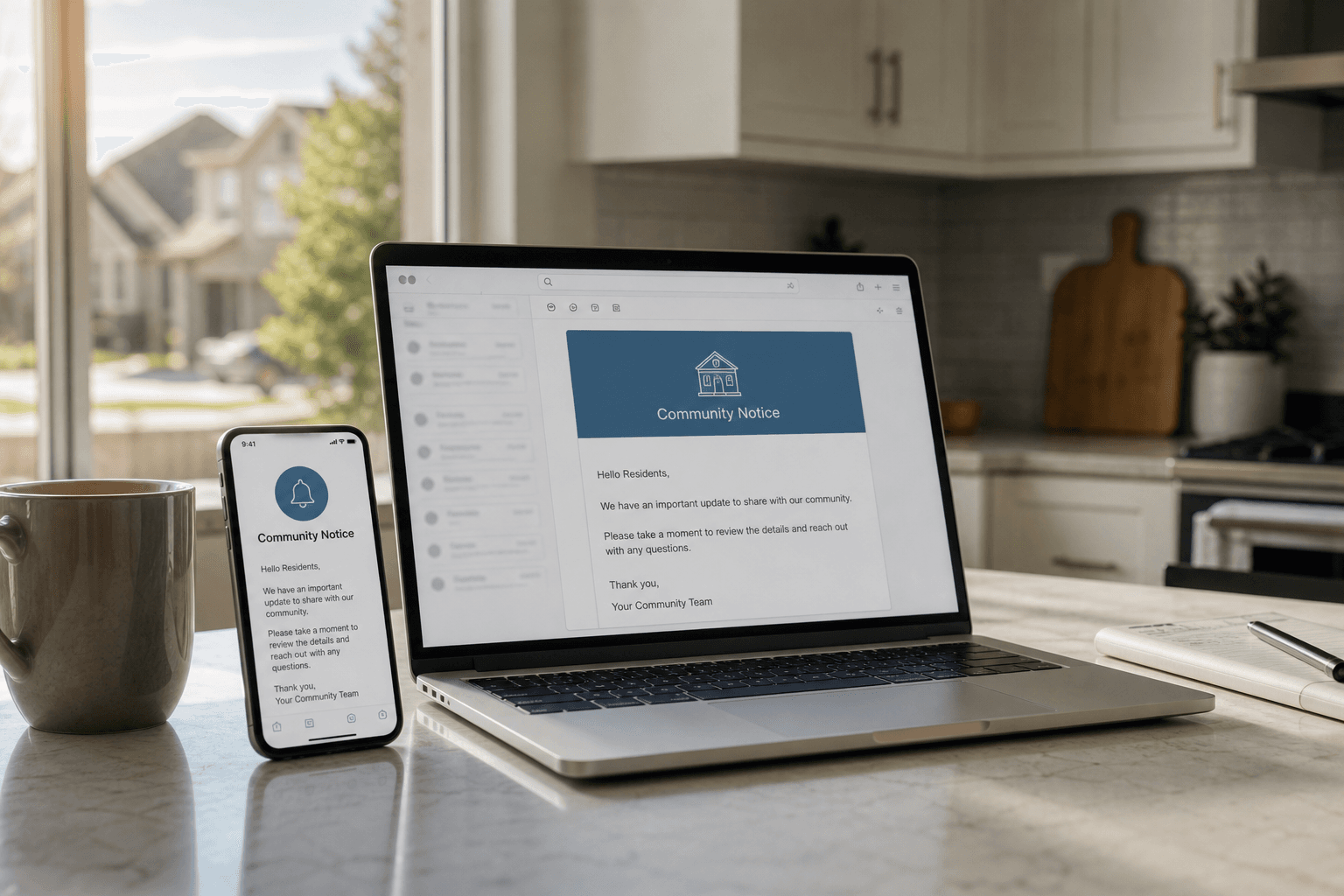 Phone and laptop showing a community announcement email on a kitchen counter