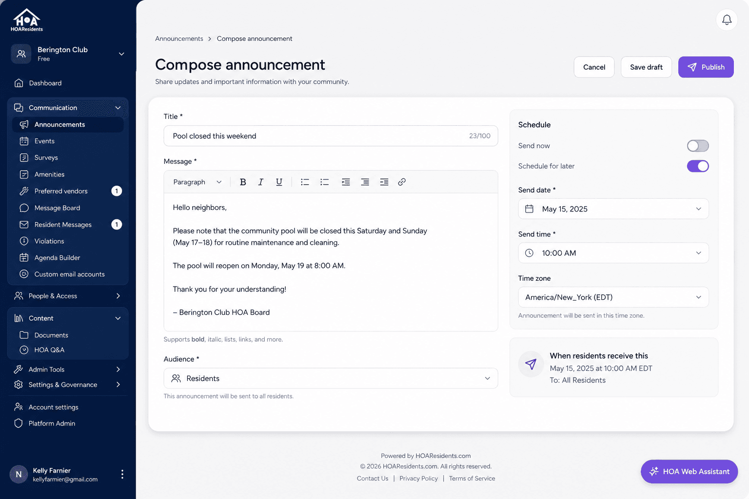 Compose HOA announcement with title body and schedule send