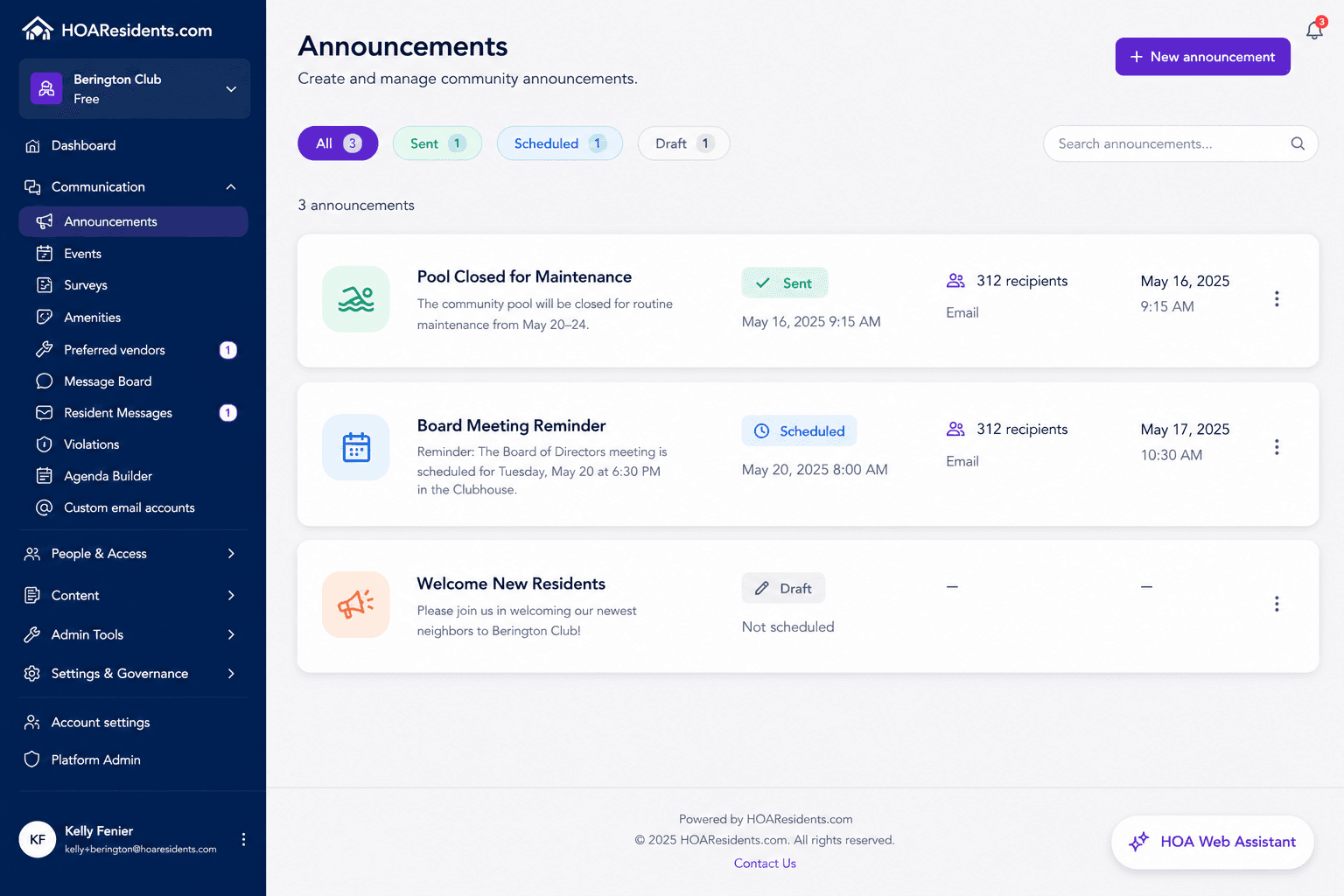 Resident announcement and notification settings