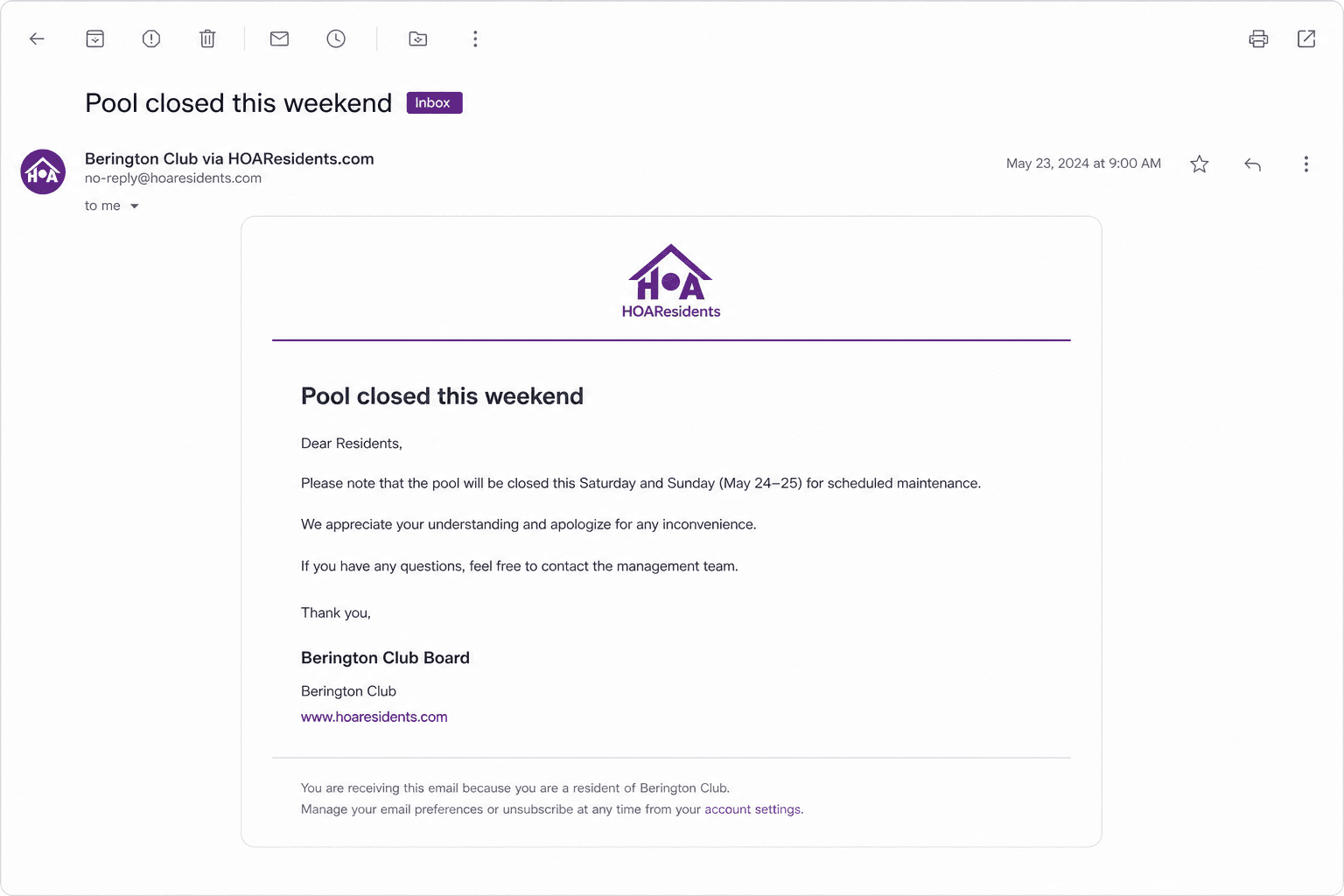 Resident email preview of an HOA announcement