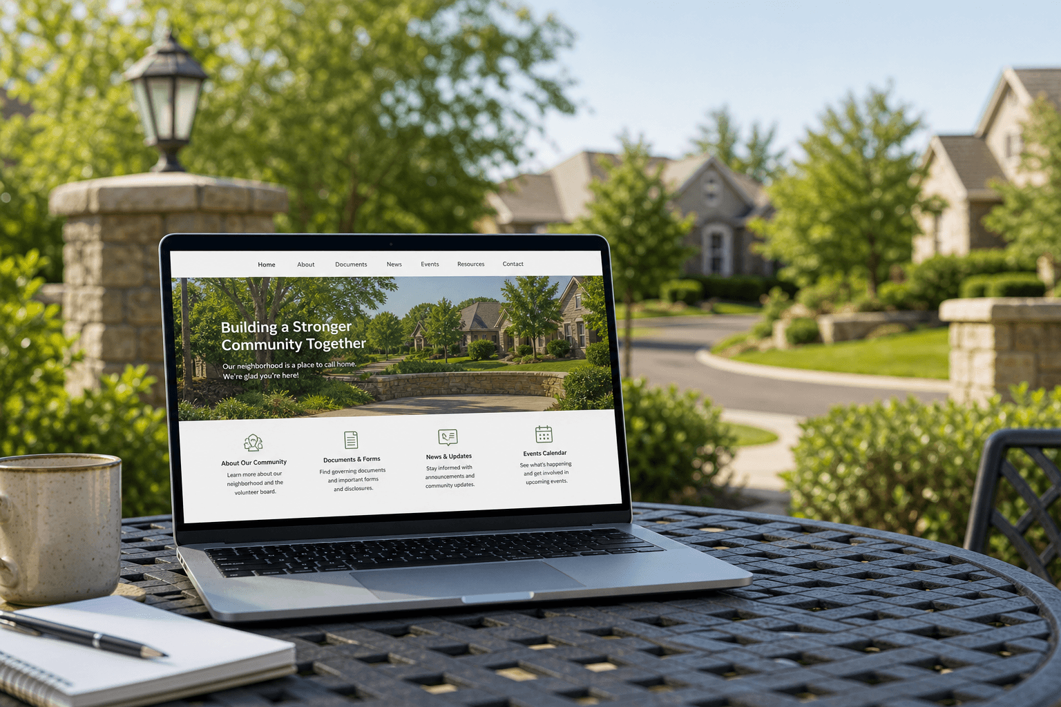 Laptop on a patio showing a public HOA community website homepage