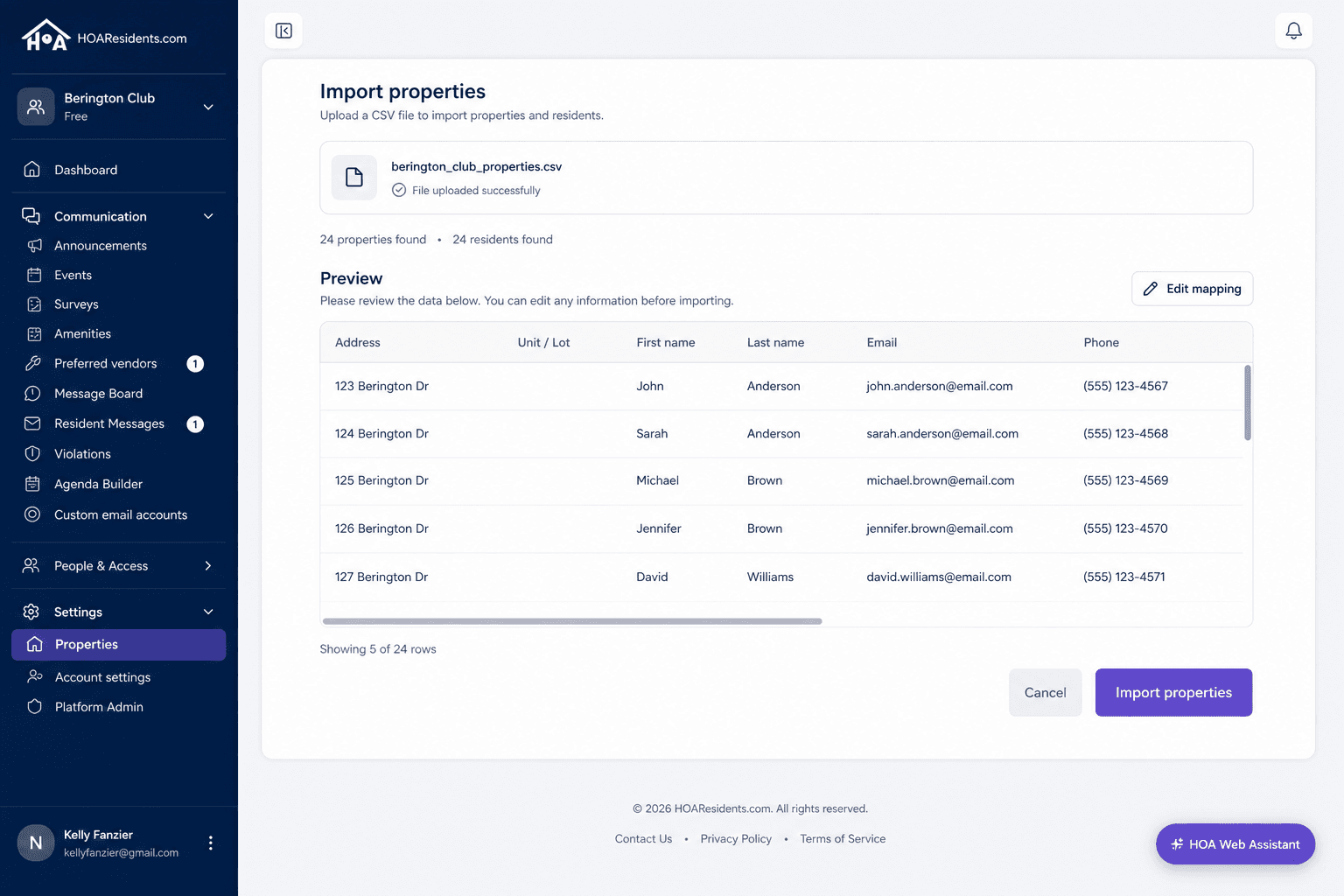 Property CSV import with addresses and resident emails
