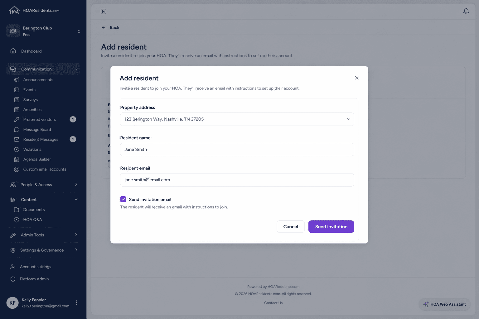 Add resident dialog with send invitation email option