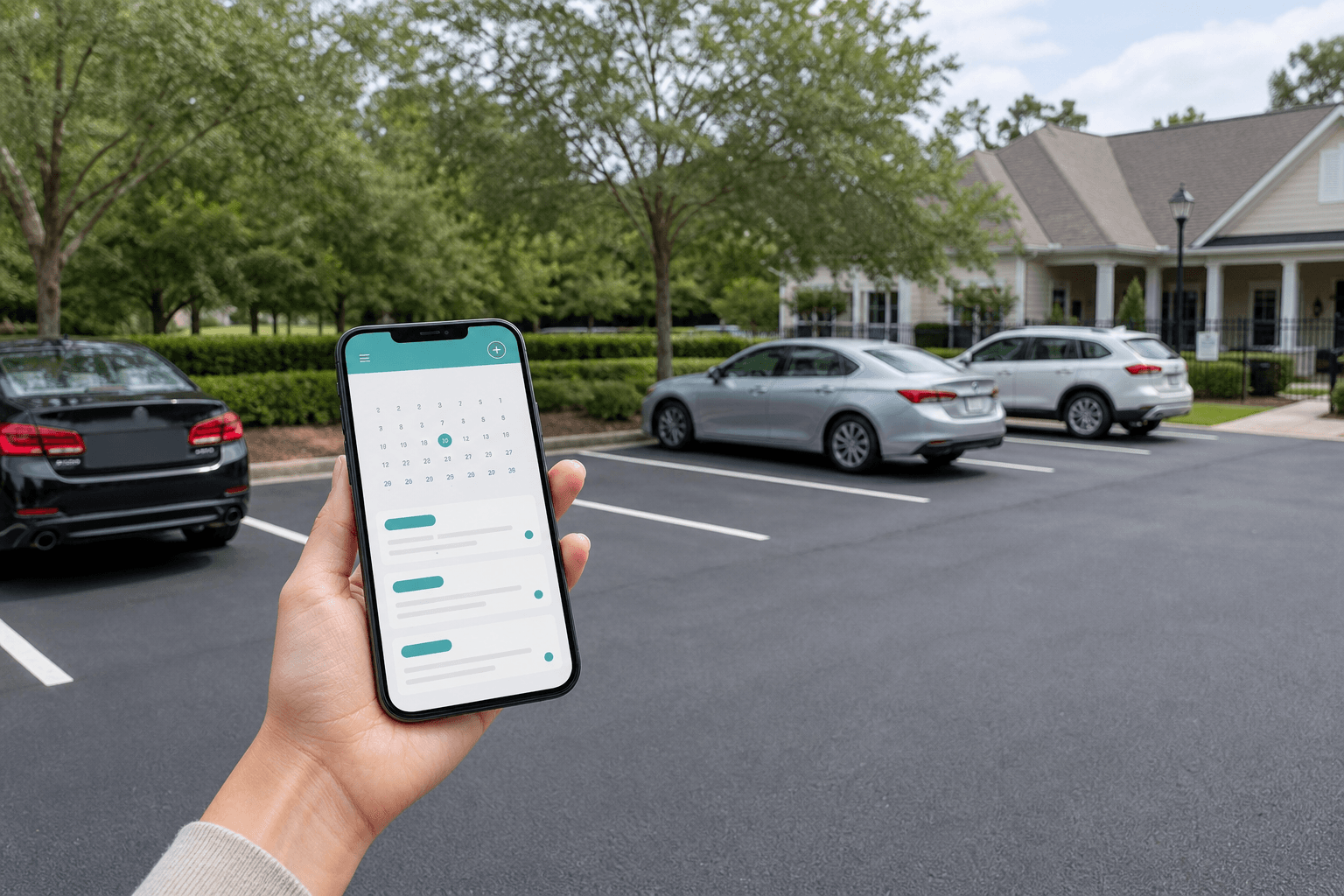 Phone showing a guest parking reservation pass at a shared community lot