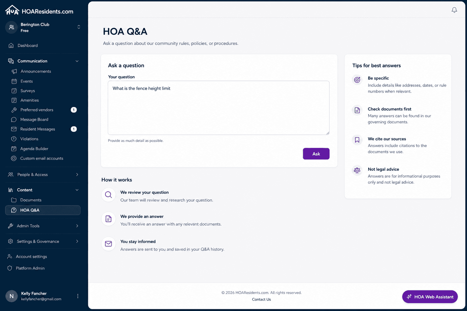 Ask a question form on HOA Q&A