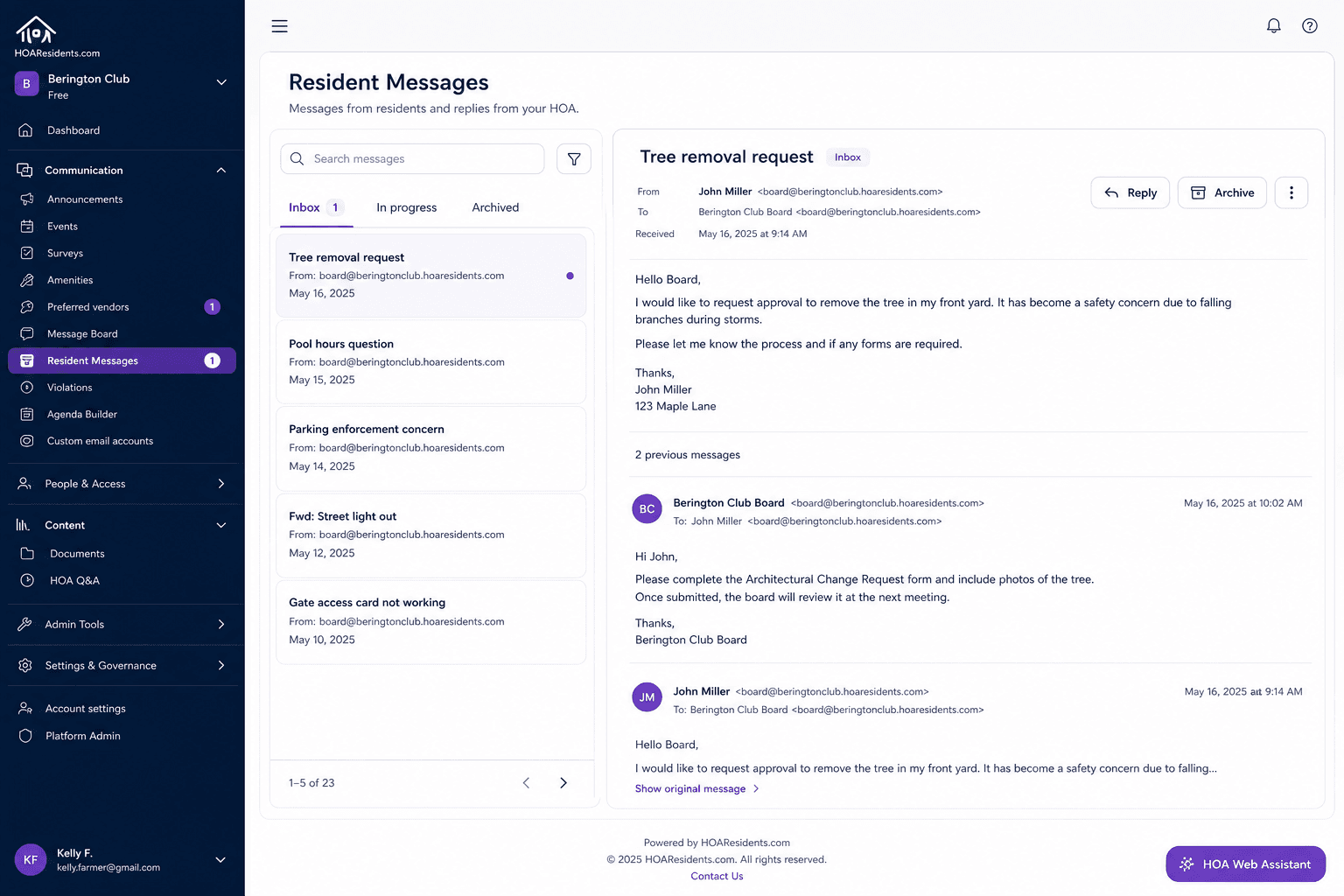 Inbound HOA email appearing in the shared board inbox