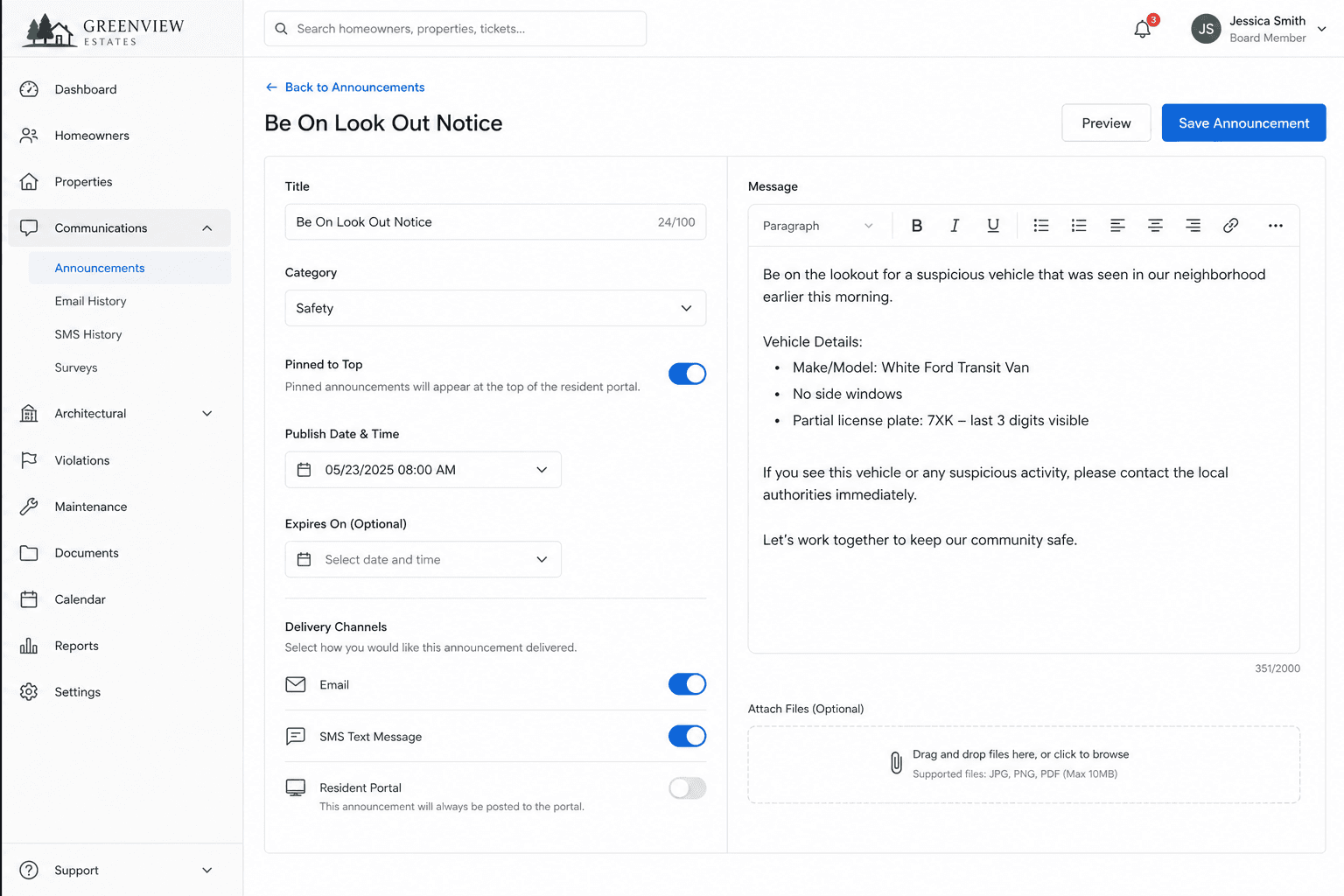 HOA Emergency BOLO Announcement form with safety category and channel toggles