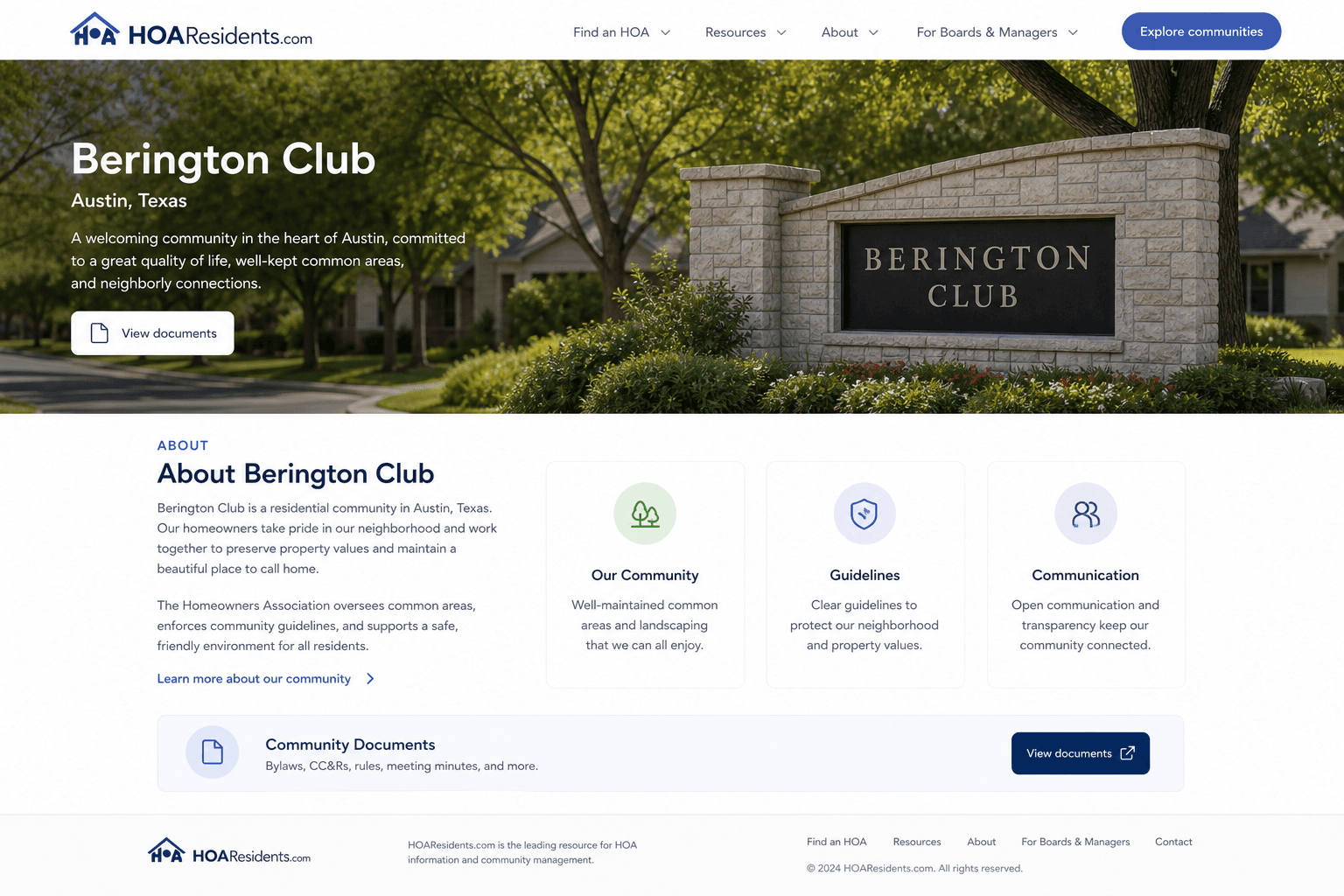 Public HOA landing page with community name location and about