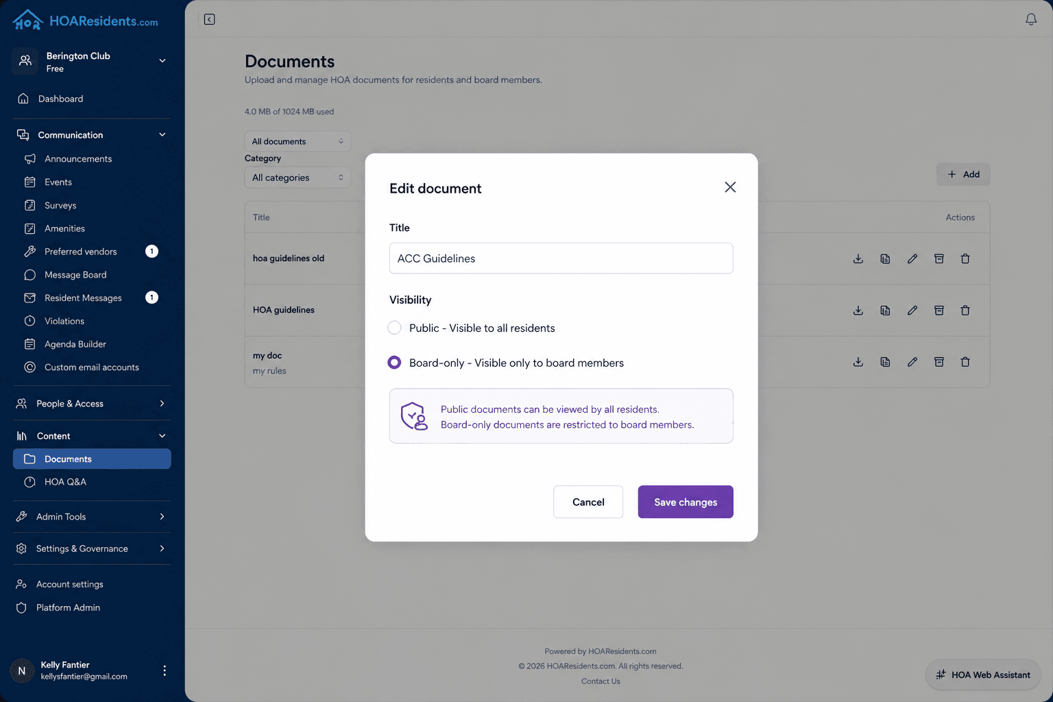 Edit document dialog with Public Residents and Board-only visibility