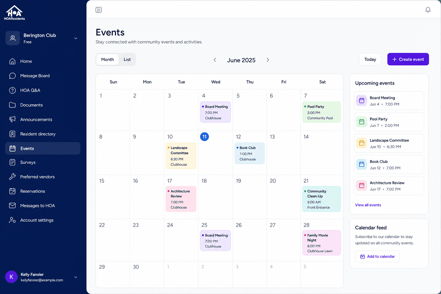 Community events calendar with upcoming HOA events