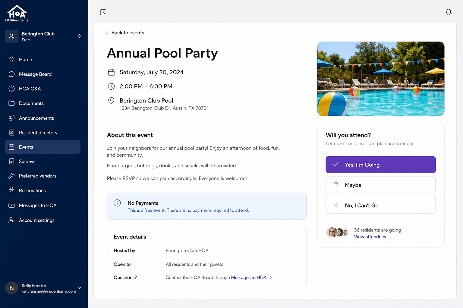 Event detail page with RSVP buttons