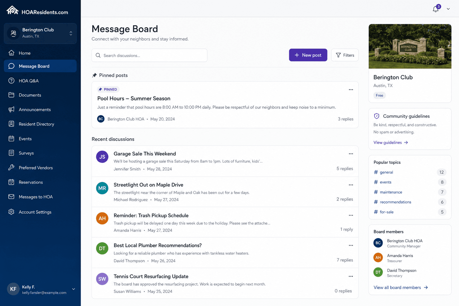 Community message board feed with pinned and recent posts