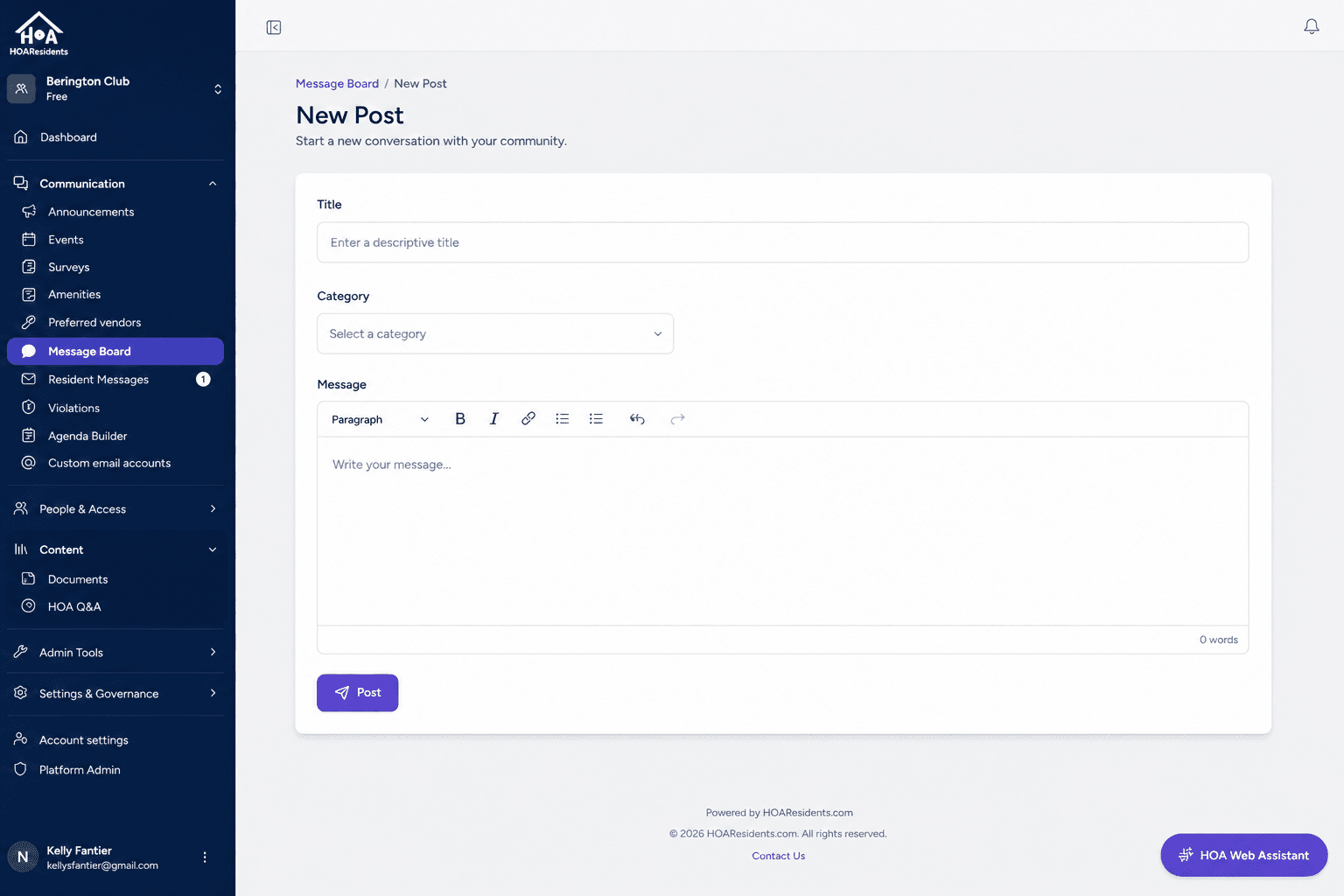 Compose a new message board post with category