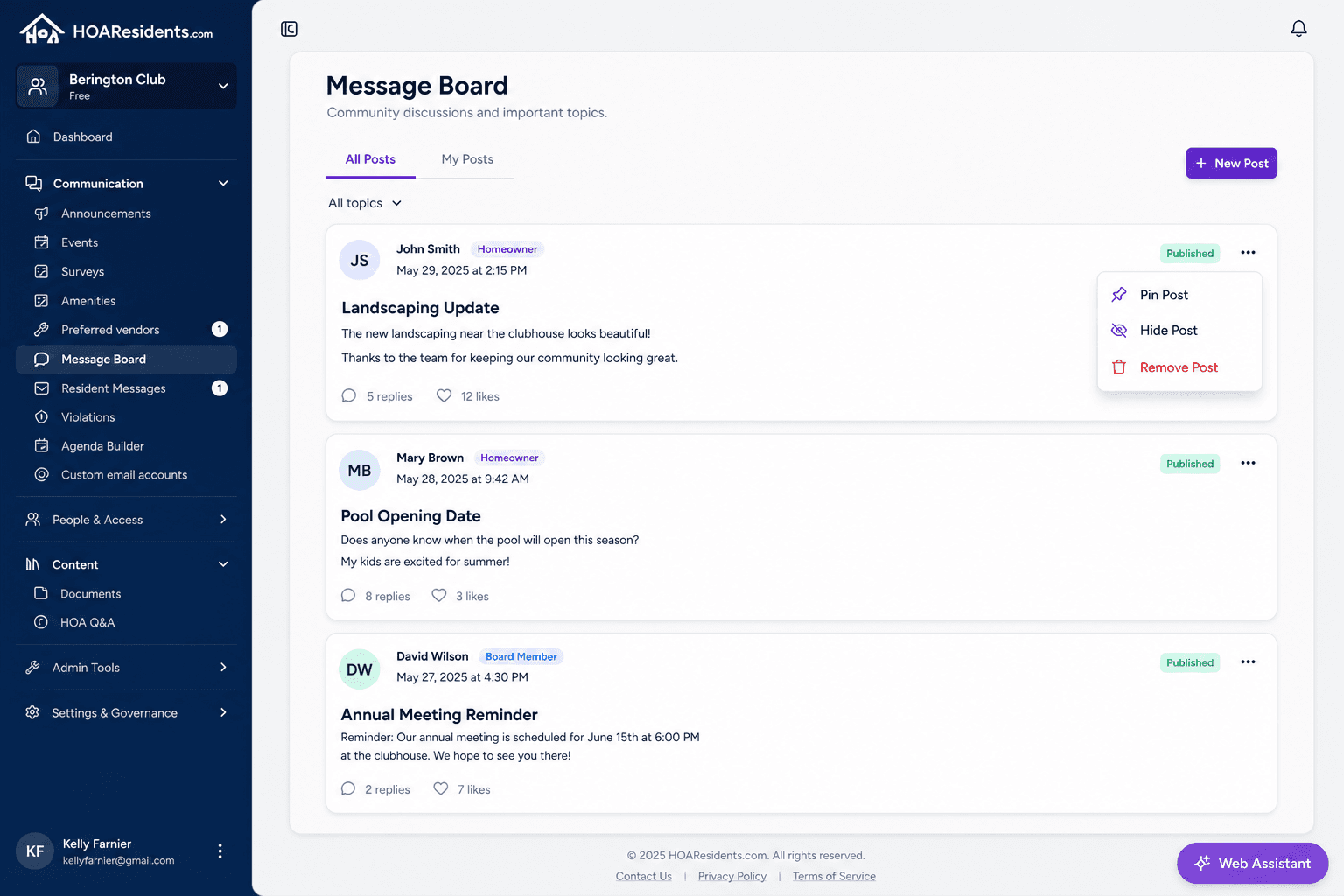 Board moderation actions pin hide and remove on a post