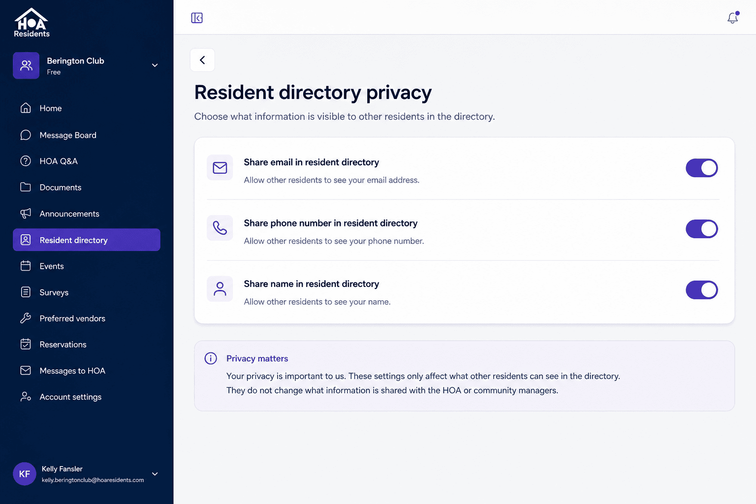 Resident directory privacy settings for what to share