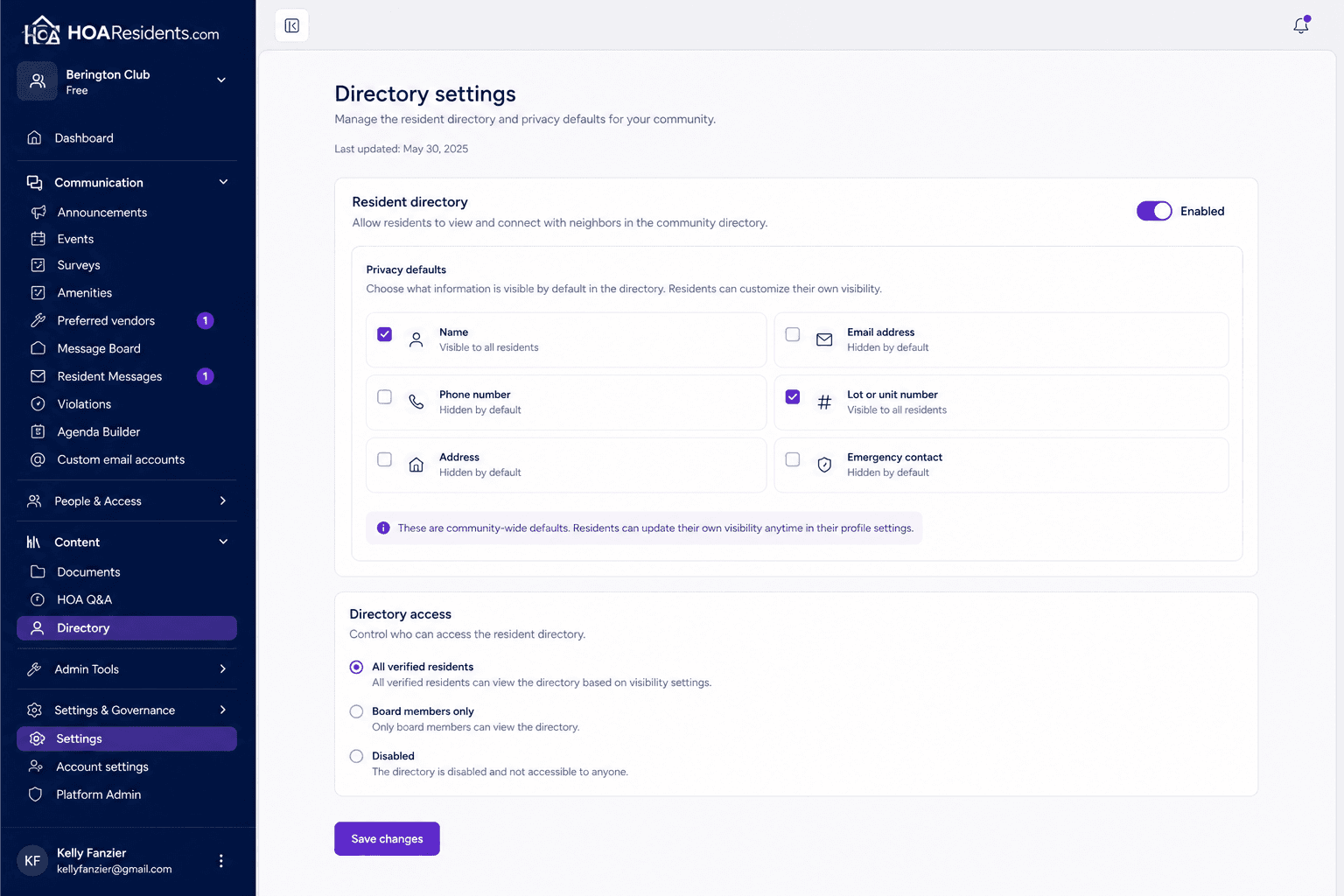 Board directory settings for enabling the resident directory