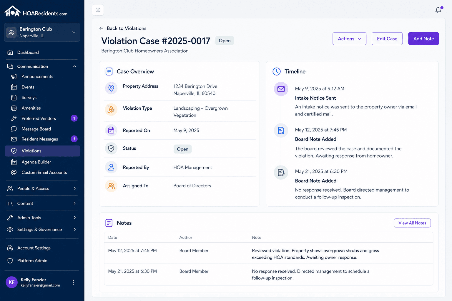 Violation case detail with timeline notes and status