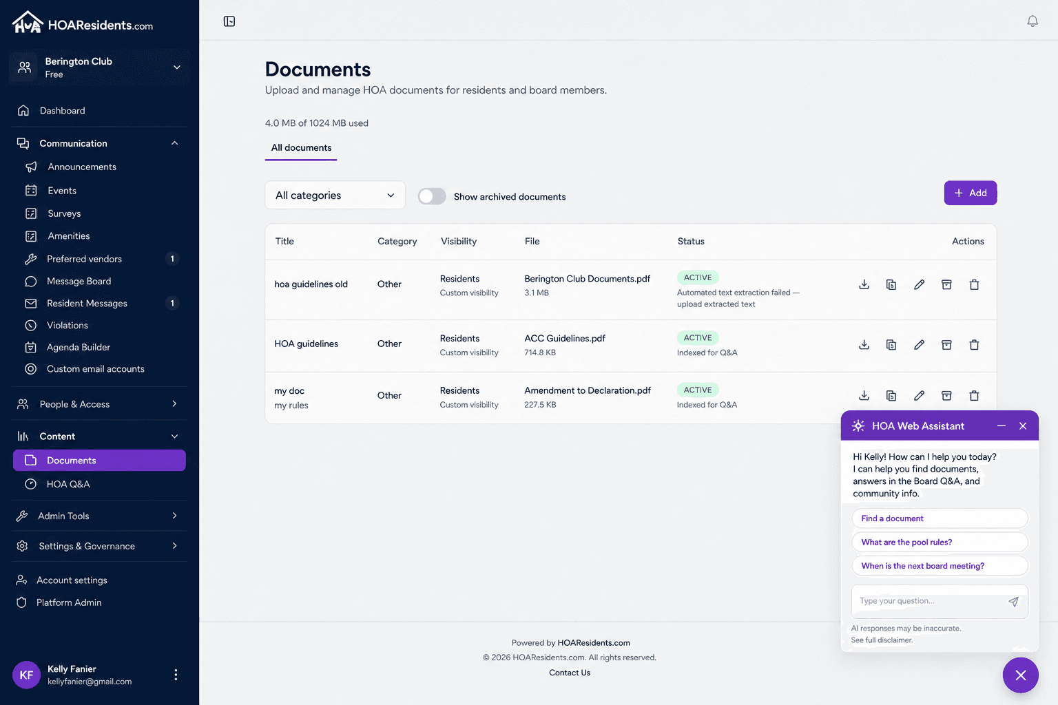 HOA Web Assistant floating button open on a documents page