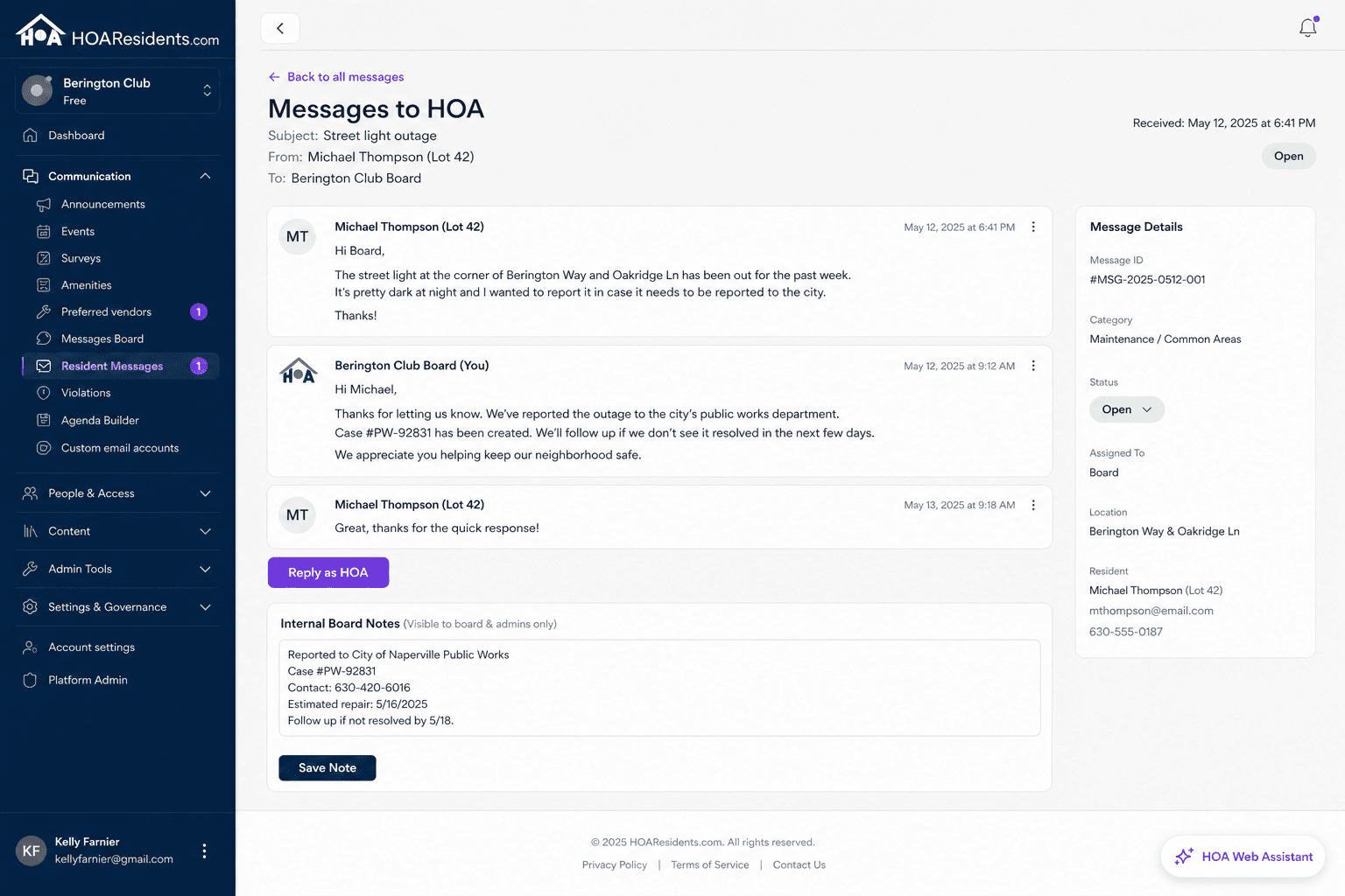 Resident message thread with board reply and internal notes