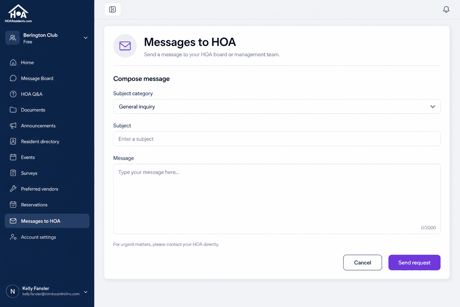 Resident compose Messages to HOA form